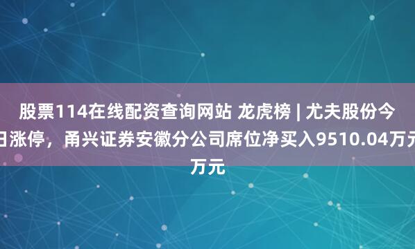 股票114在线配资查询网站 龙虎榜 | 尤夫股份今日涨停，甬兴证券安徽分公司席位净买入9510.04万元